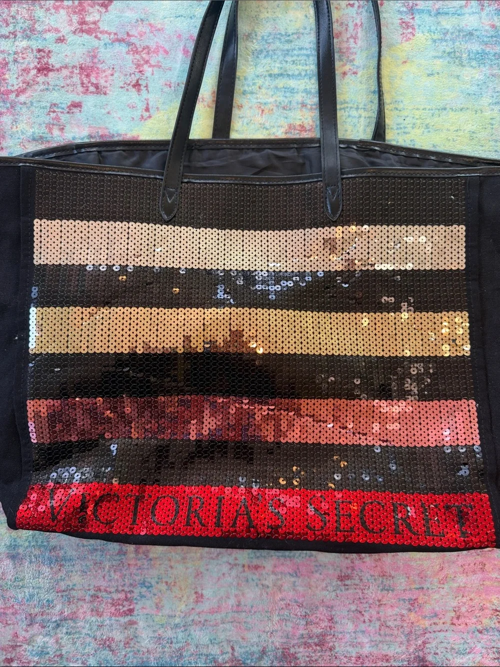 Victoria's Secret Black Tote with Gold and Red Sequin Stripes